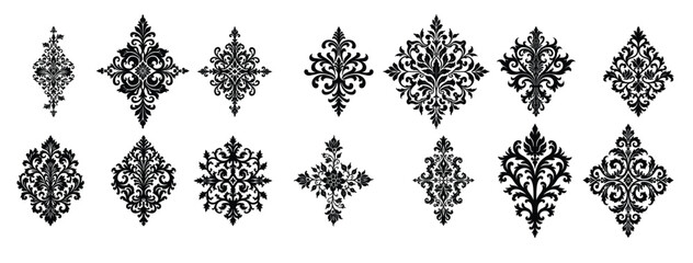 Black damask floral ornamental elements set baroque
