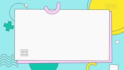 Colorful Memphis geometric background with copy space frame for text or title. Perfect for intro, presentation, template, opener, or playful creative projects.