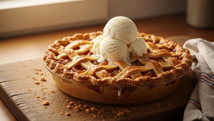 Delicious lattice peach pie with vanilla ice cream on rustic wooden board, homemade dessert, warm and inviting