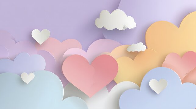 Paper-cut pastel love background with cloud layers and heart silhouettes, wide space