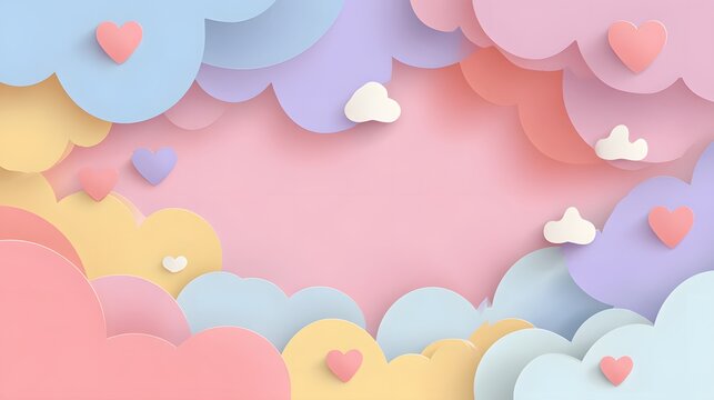 Paper-cut pastel love background with cloud layers and heart silhouettes, wide space