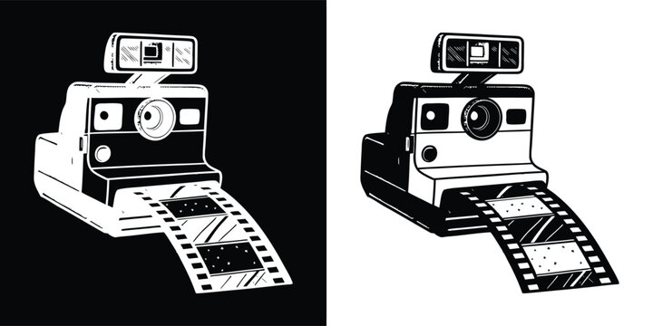 Retro instant camera with film strip coming out, graphic illustration in black and white