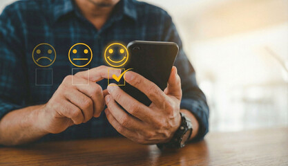 Man is holding his phone with three yellow face emoji symbols above the screen with one checkmark symbol next to it.