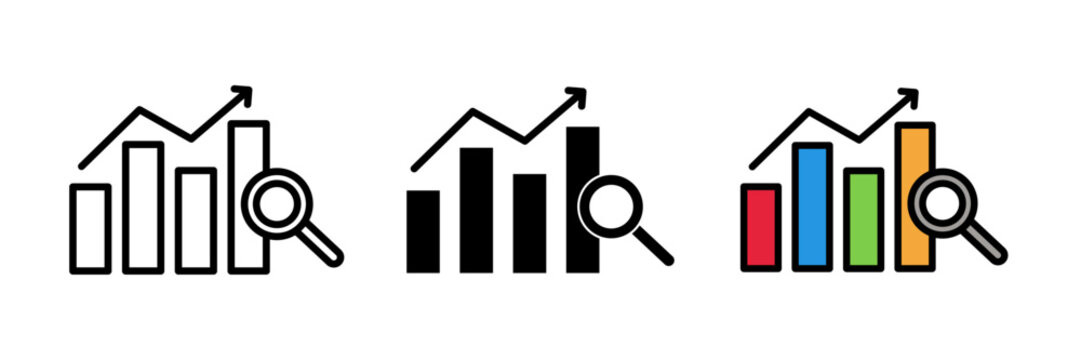 Market research icon simple outline of a magnifying glass over a bar chart or graph, representing market research, analysis, and insights in a clean minimal style.