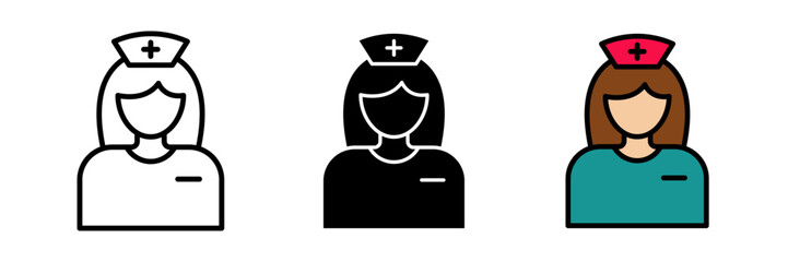 Nurse icon simple outline of a person wearing a nurse’s cap and uniform, possibly with a medical cross, representing a nurse in a clean minimal style.