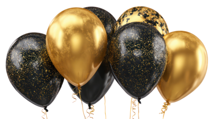 Cluster of gold and black confetti balloons isolated on transparent background