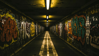 Dark tunnel with vibrant graffiti art and overhead lights illuminating the path