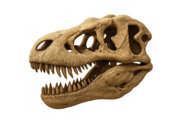 Tyrannosaurus rex skull fossil with open mouth on transparent background, symbolizing paleontology and prehistoric extinction