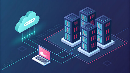 Isometric illustration of cloud computing server rack data center connection and laptop analysis
