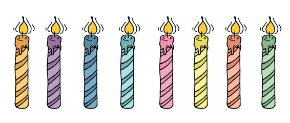 Burning birthday candle set. Doodle illustration. Hand drawn clipart for card, logo, design