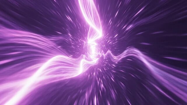 Abstract dimensional tunnel perspective created by receding waves of glowing deep purple and magenta light moving quickly toward a vanishing point presentation, fast movement, energy flow