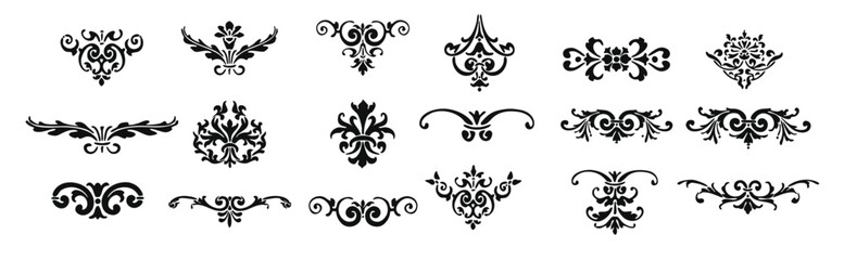 Elegant Floral Ornament, black and white vector set of flower shilouette ornaments