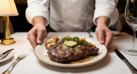Close up waiter hands holding plate with hot grilled ribeye steak and rosemary in restaurant.