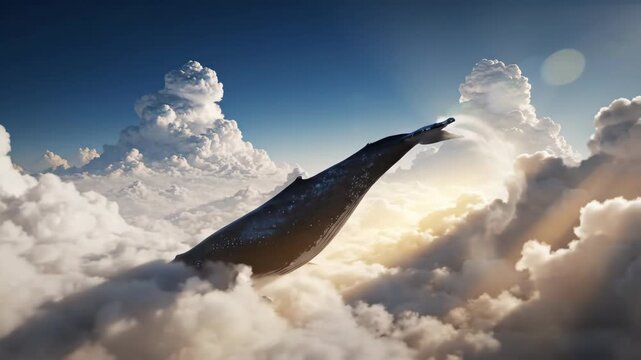 Humpback whale flying through thick white cumulus clouds under a vibrant blue sky during a sunny surreal day. Color of the year 2026