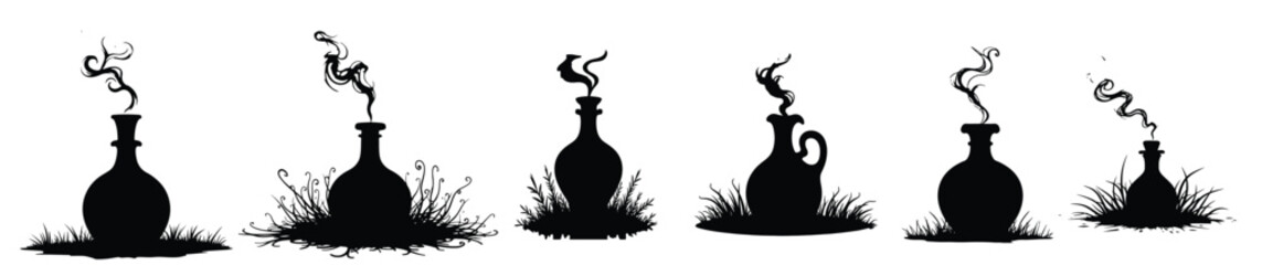 Black silhouette potion bottles with swirling smoke and grass