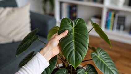Hand gently holds large green heart-shaped leaf of houseplant in cozy living room with modern interior