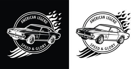 Obraz premium American legend car with flames and speed and glory text illustration