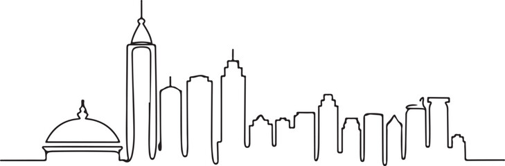 Continuous line illustration of the Atlanta skyline with a rounded tower dome silhouette in a minimal elegant outline drawing © rs_studios