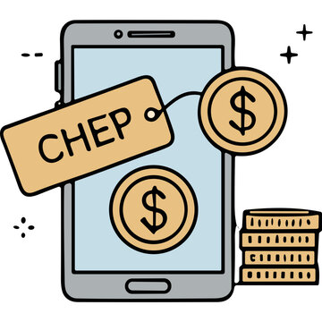 Digital Wallet Concept With Coins And Price Tag Featuring CHEP Text On A Light Blue Smartphone Screen Illustration