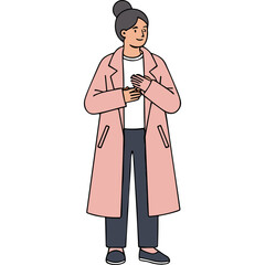 Elderly Woman with Gray Hair and a Pink Coat Standing with Hands Clasped in Front of Chest Against a Black Background