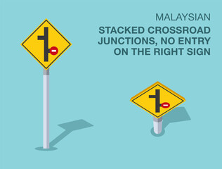 Traffic regulation rules. Isolated Malaysian "stacked crossroad junctions, no entry on the right" road sign. Front and top view. Flat vector illustration template.