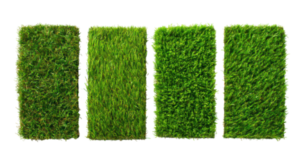 Sets of vibrant green artificial turf samples in different textures on transparent background