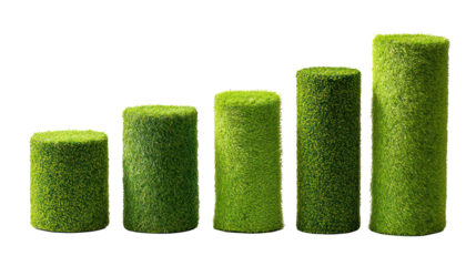 Sets of vibrant green artificial turf samples in different textures on transparent background