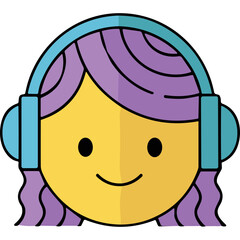 Flat Design Illustration of a Smiling Person with Purple Hair Wearing Teal Headphones Enjoying Music with a Simple Yellow Face and Black Eyes on a Black Background