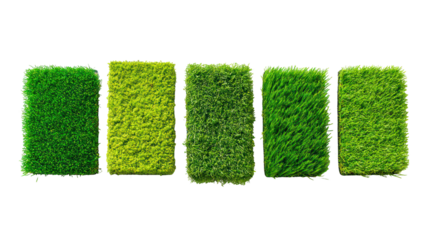 Sets of vibrant green artificial turf samples in different textures on transparent background