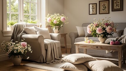Cozy living room interior with fresh pink peonies and daisies, bright natural light