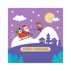 Cute Christmas Illustration of Santa Riding Sleigh with Elf in Winter Night Scene