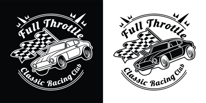 Retro classic car with checkered flags and text full throttle classic racing club in vintage style