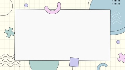 Colorful Memphis geometric background with copy space frame for text or title. Perfect for intro, presentation, template, opener, or playful creative projects.