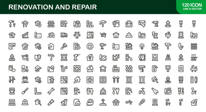 Professional Renovation Line Icon Set &ndash; Modern, minimal vector icons for home repair, construction, and tools in a clean outline collection.