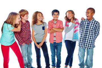 Fototapeta premium Happy, children and friends laughing in studio for social gathering, reunion and funny reaction. Smile, kids and surprise expression for rumor, gossip story and bonding together on white background