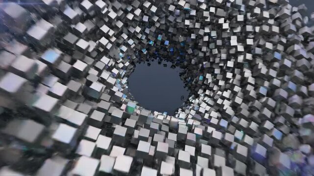 Abstract motion graphics animation of a solid slate gray background instantly fragmenting into thousands of rapidly shifting pixelated blocks color field, deconstruction, digital art