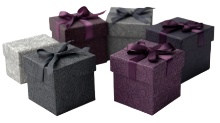 Collection of glittering gift boxes with ribbons isolated on transparent background