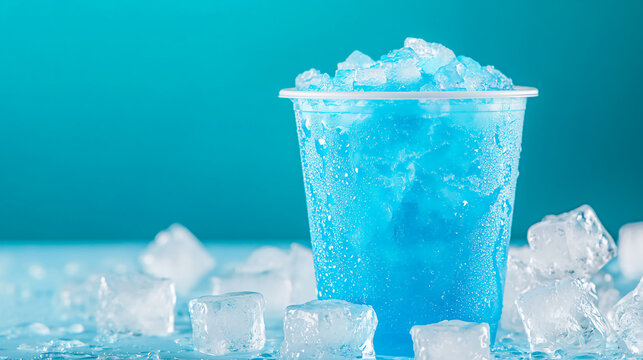 A refreshing blue drink with ice, served in a clear cup, set against a soft turquoise background.