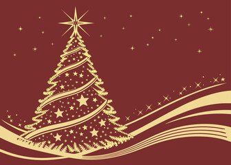 Shining star Christmas tree over red background, festive holiday illustration, clean detailed vector design, warm celebratory seasonal aesthetic.