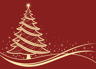 Christmas tree created from glowing stars against red background, festive seasonal illustration, bright clean vector design, holiday celebration theme.