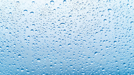 A close-up image of water droplets on a glass surface, creating a textured, soothing blue background.
