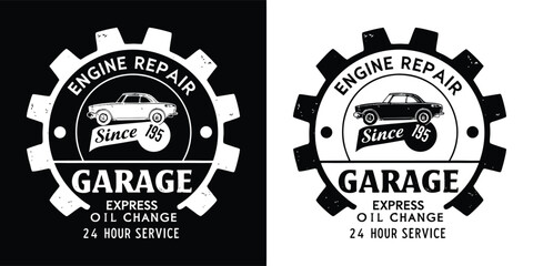 Fototapeta premium Engine repair garage logo with since 83 and 24 hour service, graphic design