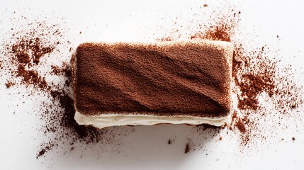 Top down view of Italian tiramisu dessert cocoa powder dusting arranged on a pure white background for clean minimal dessert styling