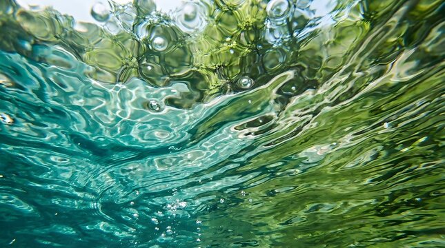 Underwater view looking up at the water surface with ripples and trees visible above suitable for aquatic themes and nature backgrounds high resolution clear water texture