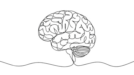 A stark black and white minimalist line drawing of the human brain showcasing intricate neural pathways and anatomical details