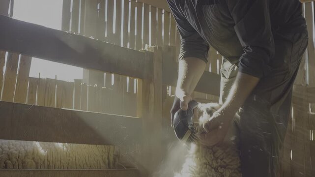 Person shearing sheep in a wooden pen with sunlight streaming in