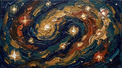 Artistic starry night sky illustration with swirling galaxy patterns and golden stars suitable for fantasy book covers celestial themed projects and dreamlike wall art prints