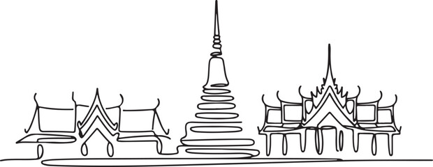 Continuous line illustration of the Bangkok skyline with a Chao Phraya River arc in a minimal elegant outline drawing