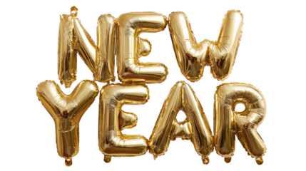 Golden new year balloons spelling out the words new year isolated on transparent background