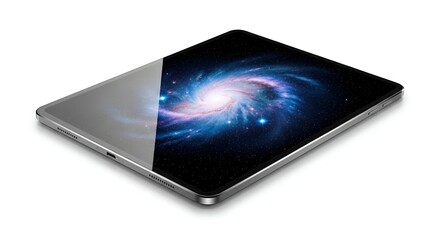 Silver tablet displaying a vibrant galaxy image, angled, with reflection and clean background